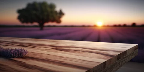 Fotobehang table en bois au premier plan, pour présentation produit, mock-up, arrière plan champs de lavande en provence, effet bokeh © Sébastien Jouve