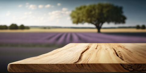 table en bois au premier plan, pour présentation produit,
mock-up, arrière plan champs de lavande en provence, effet bokeh