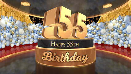55th Birthday backdrop, poster, flyer 3d render illustration in gold with balloons and fireworks background