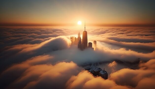 New York City One World Trade Center Skyscraper Towers Sticking Out Above Fog Clouds In NYC. Aerial View. Generative Ai.