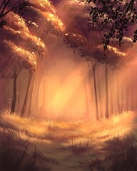 sunset in the golden forest