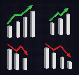 graph with arrow, 3d graphs with green arrow, 3d graph with low arrow, high graph and low graph 3d display