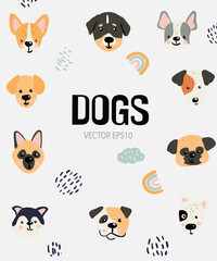 Set with dogs faces in scandinavian simply style. Good for wall decoration and nursery. Ready for print on t shirts and stickers