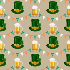 Celebrate St. Patrick's Day with this seamless pattern featuring a garland of Irish flag-inspired triangles, green leprechaun hat, full pint of beer. For decorating walls, fabrics, and gift wrap.