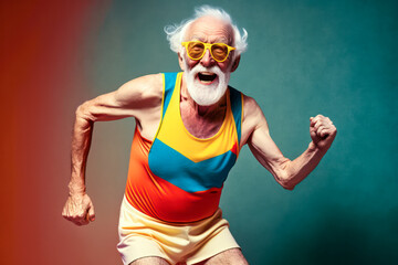 Old man doing sport exercises. Generative AI.