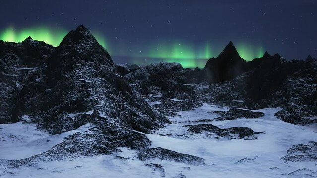 Rocky Mountain Landscape at night with Stars and Northern Lights in Sky. 3d Rendering Artwork. Aerial Cinematic Animation