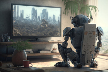 Robot watching TV, made with Generative AI