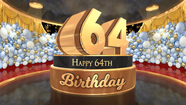 64th Birthday backdrop, poster, flyer 3d render illustration in gold with balloons and fireworks background