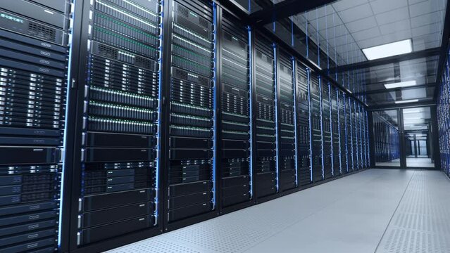 Corridor with Server Racks with Blinking Lights inside Working Data Center. Advanced Cloud Computing Concept.