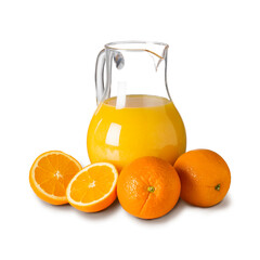Pitcher of orange juice with oranges around it on a white background