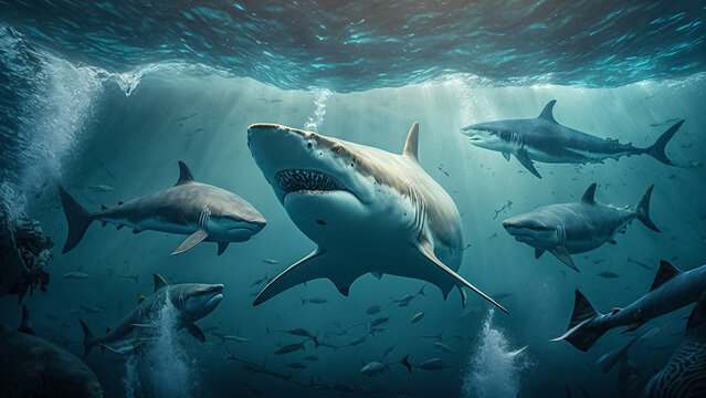 group of sharks swimming in the ocean
