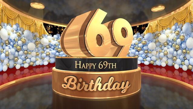 69th Birthday backdrop, poster, flyer 3d render illustration in gold with balloons and fireworks background