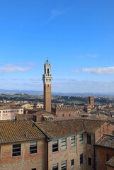 Fototapeta na wymiar panoramic view of the roofs of the city of Siena in Tuscany an the famous tower called DEL MANGIA