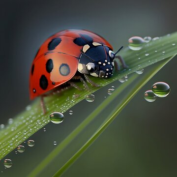 Close up image of a lady bug on a blade of grass with dew drops, realistic illustration. Lady bug in nature, nature photo, dew drops. Macro lens AI