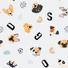 seamless dogs pattern in scandinavian style. Print for kids. Preschool design