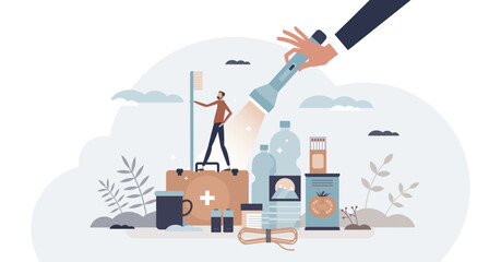 Emergency crisis preparedness with basic essential items tiny person concept, transparent background. Escape and evacuation kit with survival elements.