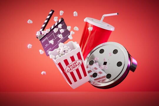 the concept of watching movies. videotape, cracker, popcorn and soda on a red background. 3D render