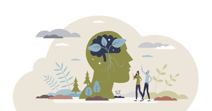 Environmental psychology for individual and environment surrounding tiny person concept, transparent background. Social behavior and mindset in field of nature.