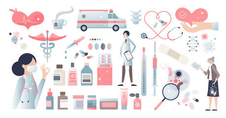 Medicine themed elements set and healthcare items group tiny person concept, transparent background. Hospital and ambulance equipment assets collection illustration. Isolated doctor and patient.