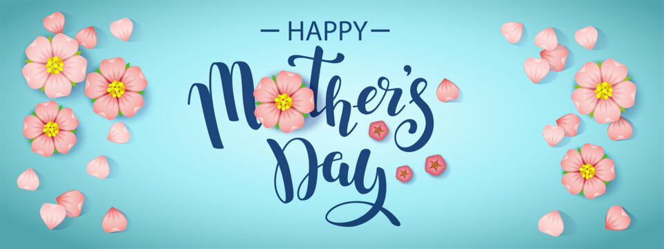 Horizontal banner with text message With Happy Mother's day and cherry flowers