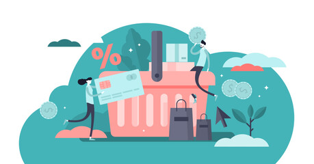 Purchase illustration, transparent background. Flat tiny customer buy products persons concept. Percentage promotion symbol in online store. Consumer transaction for deal order. Checkout with payment.