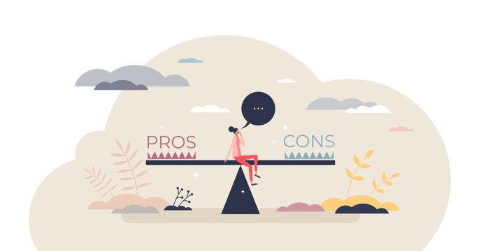 Pros and cons comparison with benefits and risks balance tiny person concept, transparent background. Thinking bad and good options for final decision illustration.
