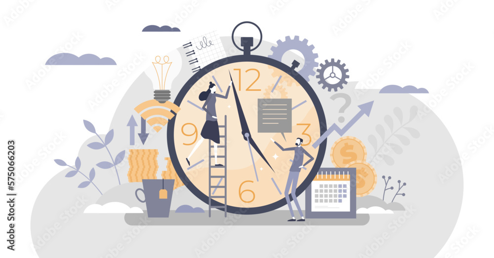 Poster time management with schedule as busy work productivity tiny person concept, transparent background.