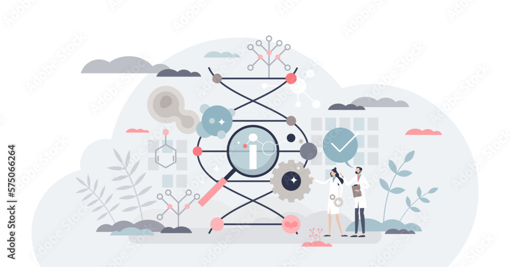 Poster bioinformatics as biological data or bioengineering study tiny person concept, transparent backgroun