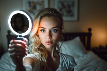 Beautiful woman making selfie, Generative AI