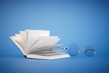 love of reading books. an open book and reading glasses on a blue background. 3D render