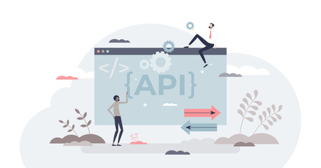 API as application programming interface and software integration tool tiny person concept, transparent background. Coding method and connection between computers tool.