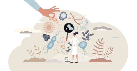 Bacteriology as biology branch with bacteria research tiny person concept, transparent background. Scientific microbiology study with microorganisms growth and analysis illustration.
