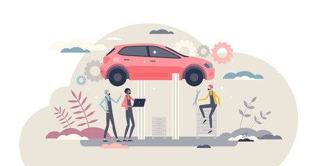 Car mechanic occupation with vehicle repair job skills tiny person concept, transparent background. Professional automobile service to fix engine, tires or hood problems illustration.