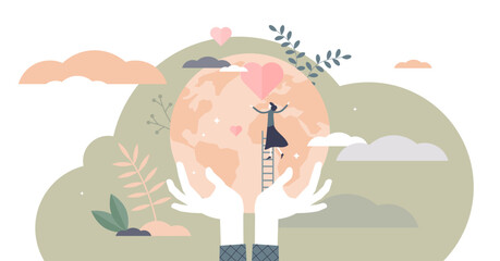 Caring for earth illustration, transparent background. Nature protection flat tiny persons concept. Help ecosystem with sustainable renewable resource reusing and green zero waste thinking.