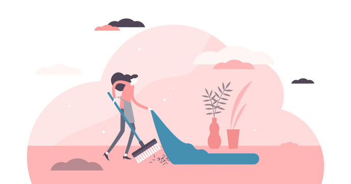 Under the rug illustration, transparent background. Problem postpone flat tiny persons concept. Delay trouble solution or secret hiding in abstract allegory and metaphoric scene.