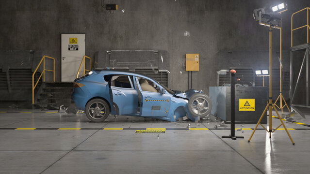 3D animation of eco-friendly electric vehicle experimental crash test in a laboratory. Simulation of traffic accident. Testing new generation car for checking and changing the safety parameters.