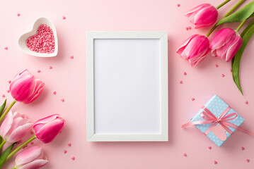 8-march concept. Top view photo of photo frame pink tulips heart shaped saucer with sprinkles and...