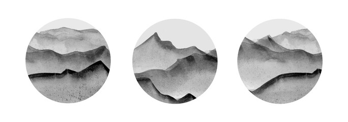 Minimalistic landscape with mountains in circle on rice paper background. Traditional oriental ink painting sumi-e, u-sin, go-hua. Contains hieroglyphs - peace, tranquility, clarity