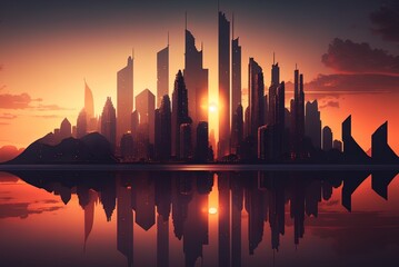Fototapeta na wymiar Stunning sunset over a metropolis with skyscrapers Generative AI