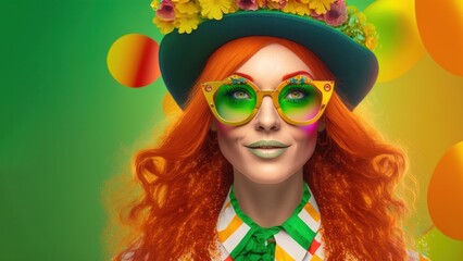 Fototapeta na wymiar Modern trendy Saint Patrick's day woman. Smile. Red hair, green glasses, hat. Copy space. 16:9 aspect ratio