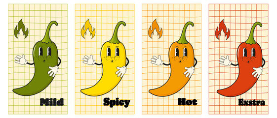 Naklejka premium Set of groovy hot chili peppers poster. Hot spicy level labels.Extra, spicy, hot and mild strength in trendy 70s. 60s style.Vector