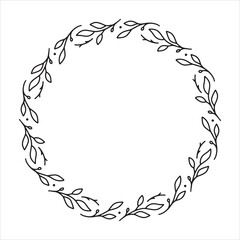 Vector hand drawn spring wreath isolated on white background. Outline circle of leaves. Doodle style. Floral frame.