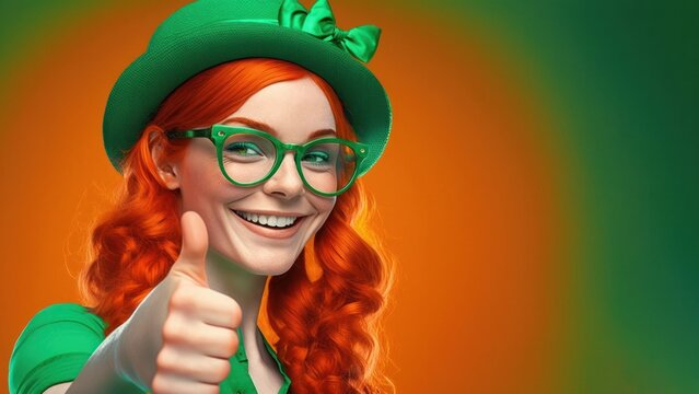 Modern trendy Saint Patrick's day woman thumbs up. Smile. Red hair, colourful glasses. Copy space. 16:9 aspect ratio