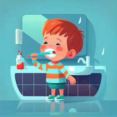 Child is brushing teeth  in the bathroom 