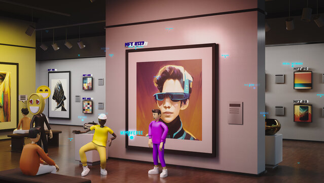 3D render of avatars with emotions icons in futuristic immersive virtual museum. Exhibition of NFT pictures in meta universe. Technologies and innovations. Concept of metaverse, cyberspace