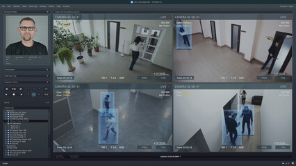 Playback office CCTV cameras on computer screen. Interface of AI program with facial recognition...