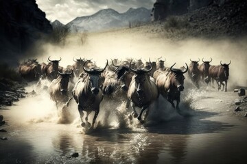 Wildebeest, the great herbivore of the African Savannah. Generative Ai. - obrazy, fototapety, plakaty
