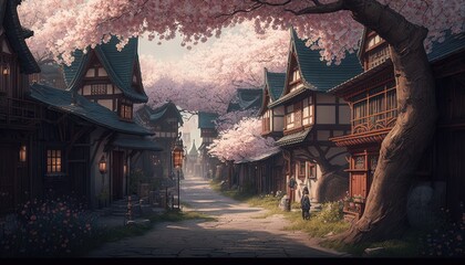 A street with a house and a tree with pink flowers - generative ai