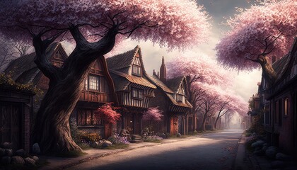 A street with a house and a tree with pink flowers - generative ai