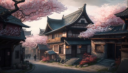 A street with a house and a tree with pink flowers - generative ai